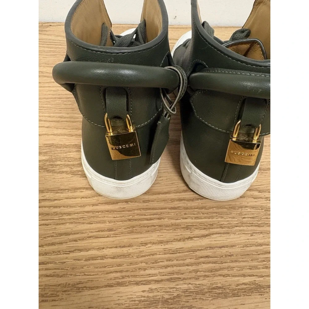 BUSCEMI Olive Green High Top Leather Lace Up Sneaker Gold Hardware Sz 40
